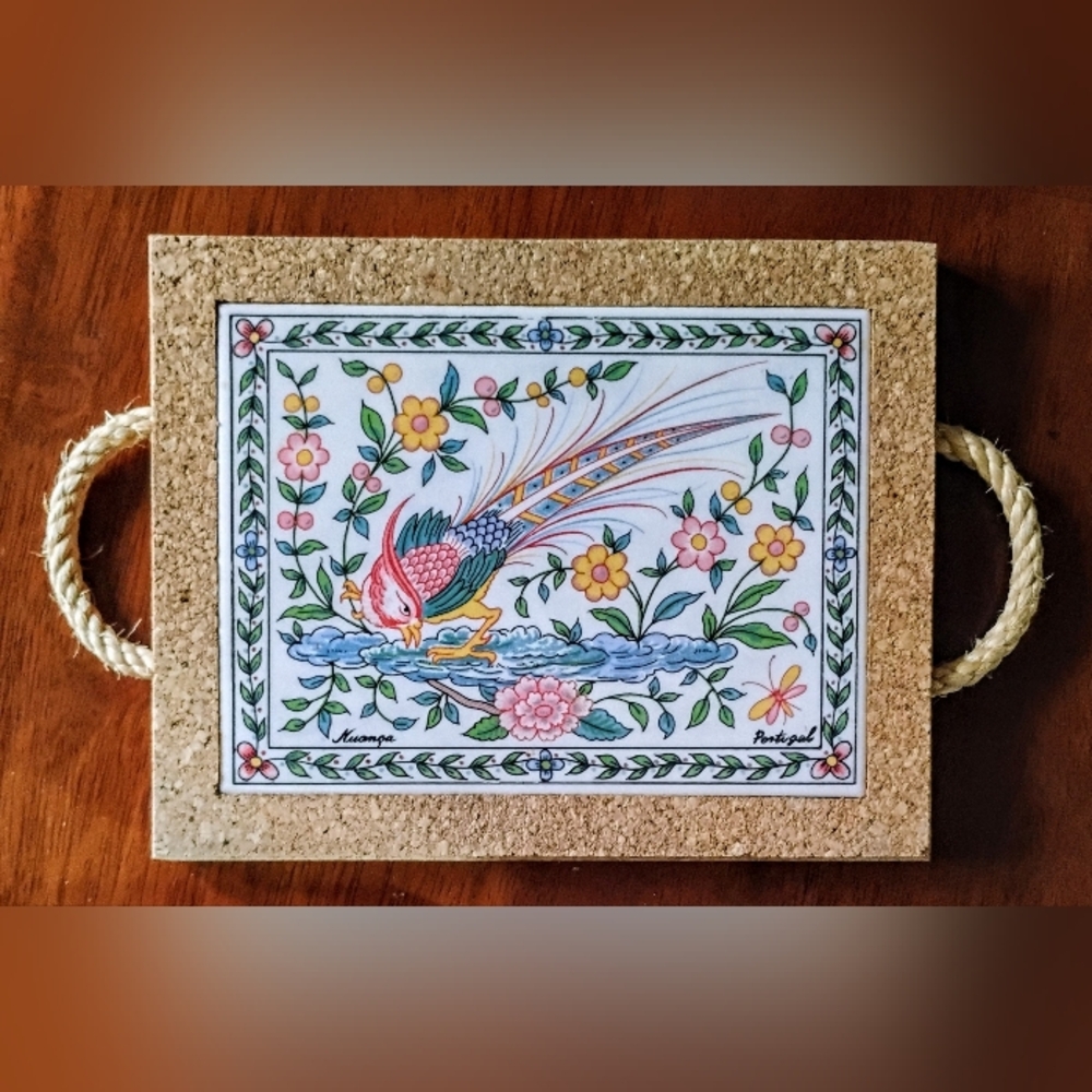 Portuguese Cork-Backed Ceramic Tile with Bird Trivet w/Rope Handles 9.5" x 7.5"